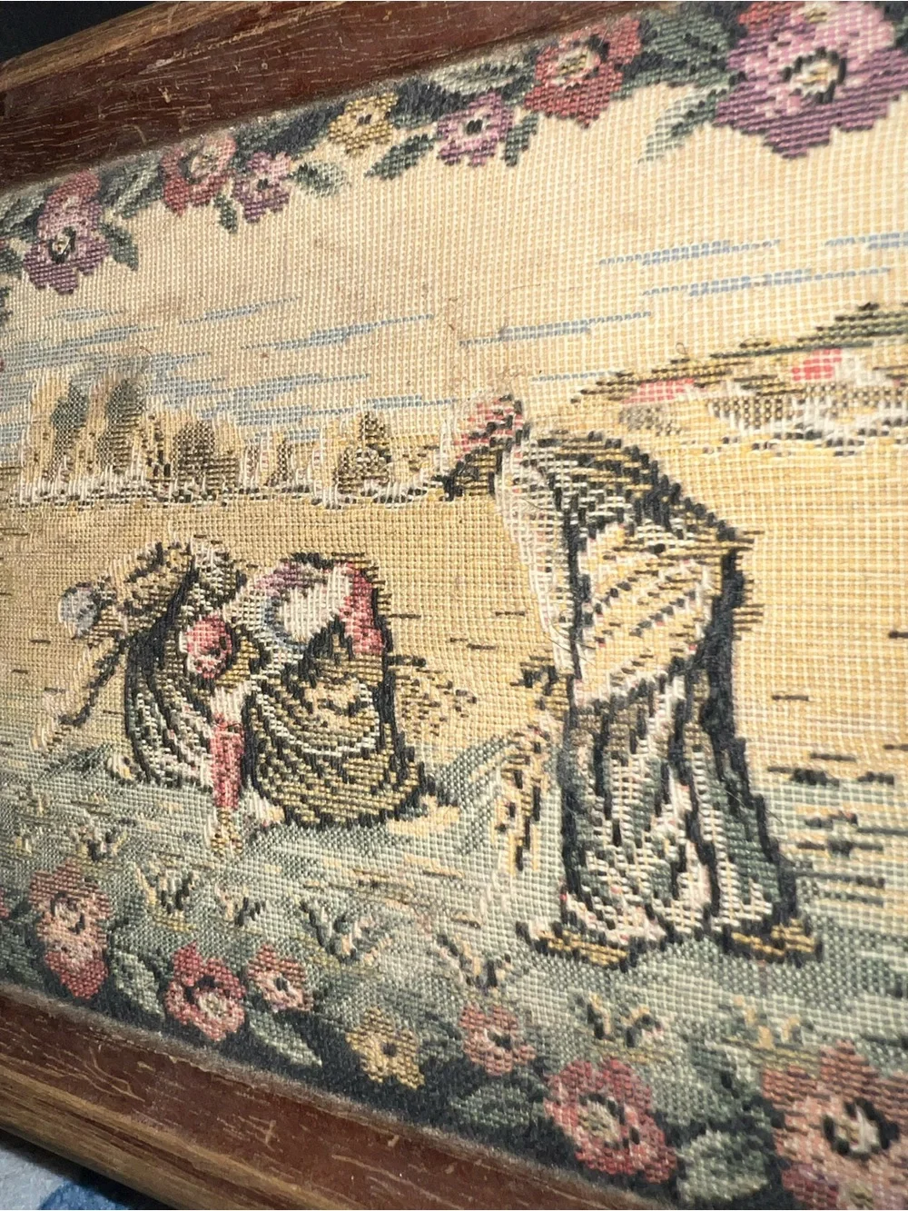 Vintage Wooden Jewelry Box Tapestry Top Yellow Velvet Lining Tray Needlepoint